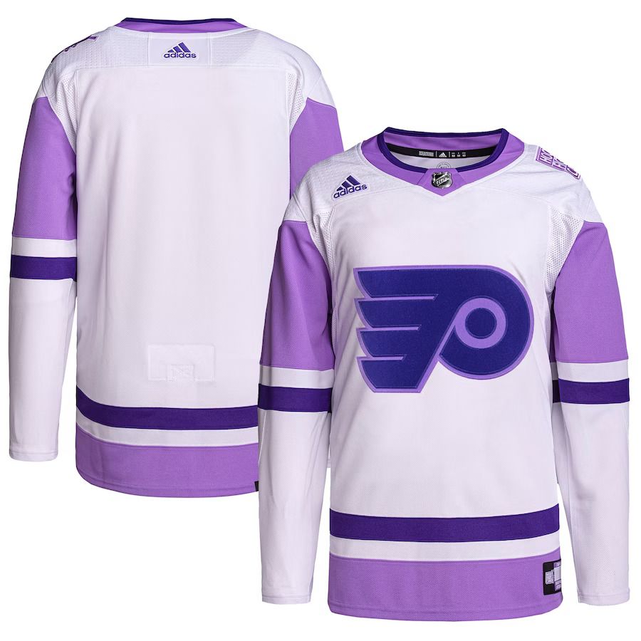 Men Philadelphia Flyers adidas White Purple Hockey Fights Cancer Primegreen Authentic Blank Practice NHL Jersey